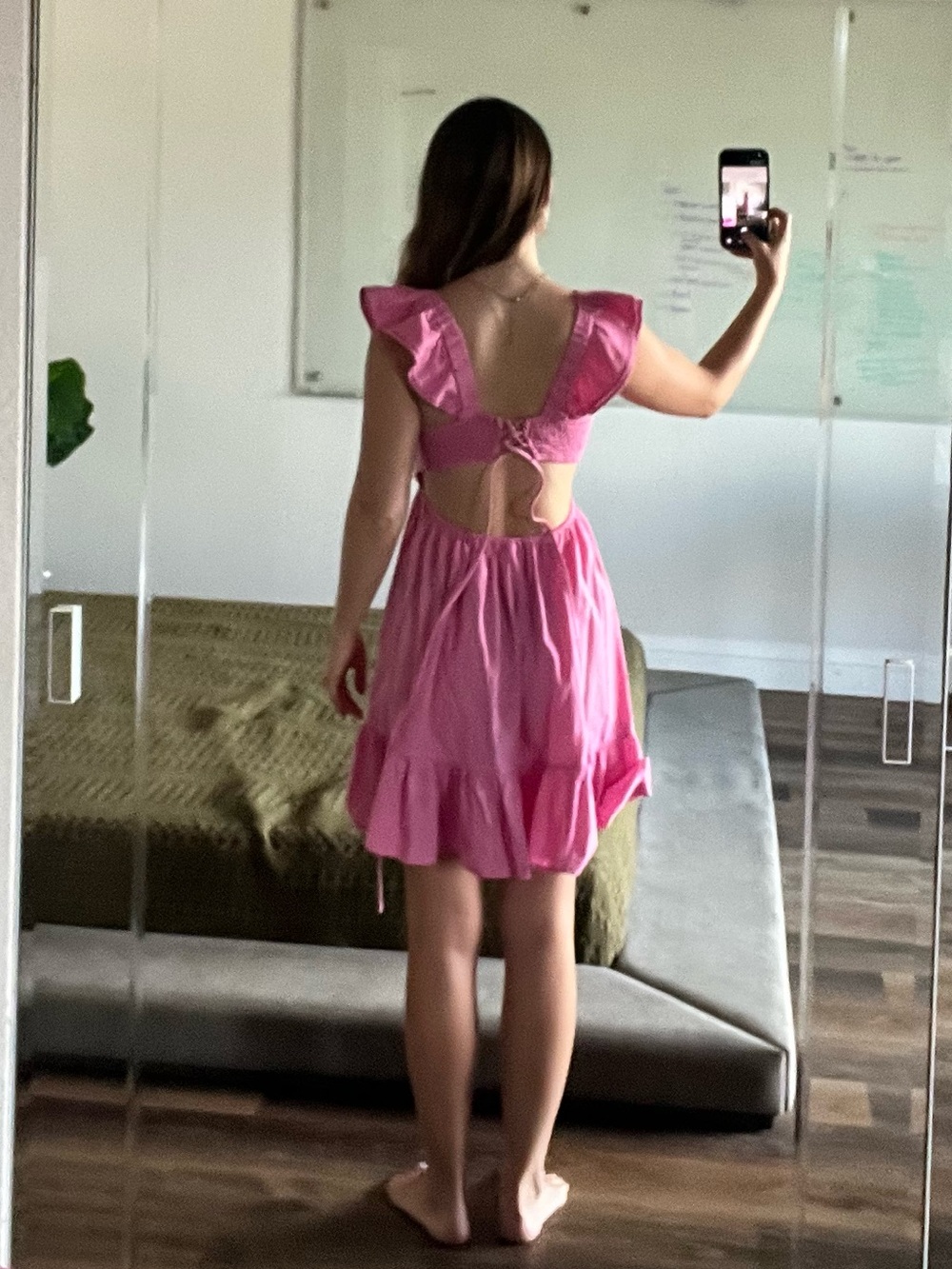 Pink Ruffle-Sleeve Fit & Flare Dress - Picture 3 of 7